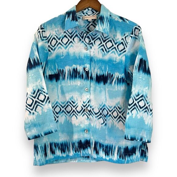 Jones New York Tops - Jones New York 100% Linen Button Up Shirt M Blue Ikat 3/4 Sleeve Coastal Boho